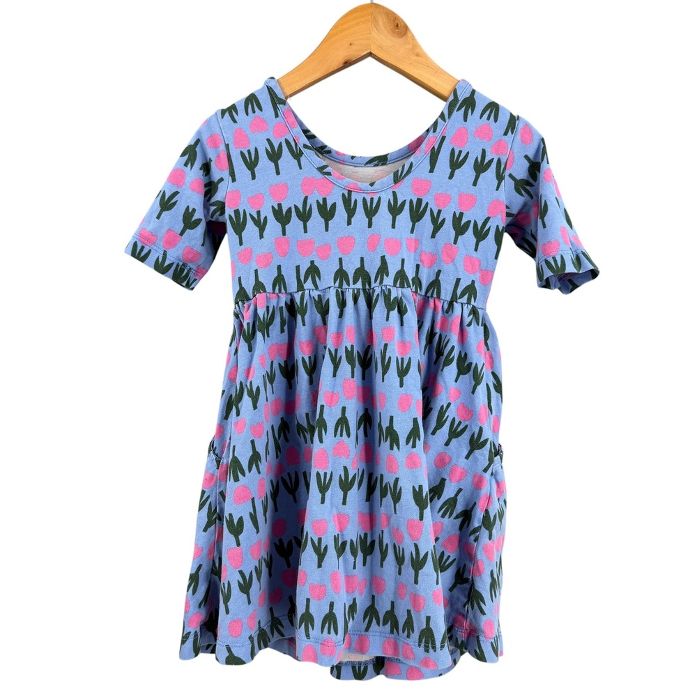 Hanna Andersson Pocket Dress 3T Blue Pink Tulip Floral Short Sleeve Cotton